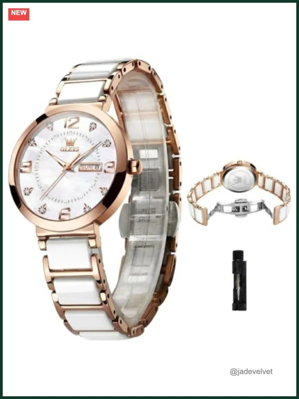 Luxury Ceramic & Stainless Steel Ladies Dress Watch - Pearl Dial, Diamond